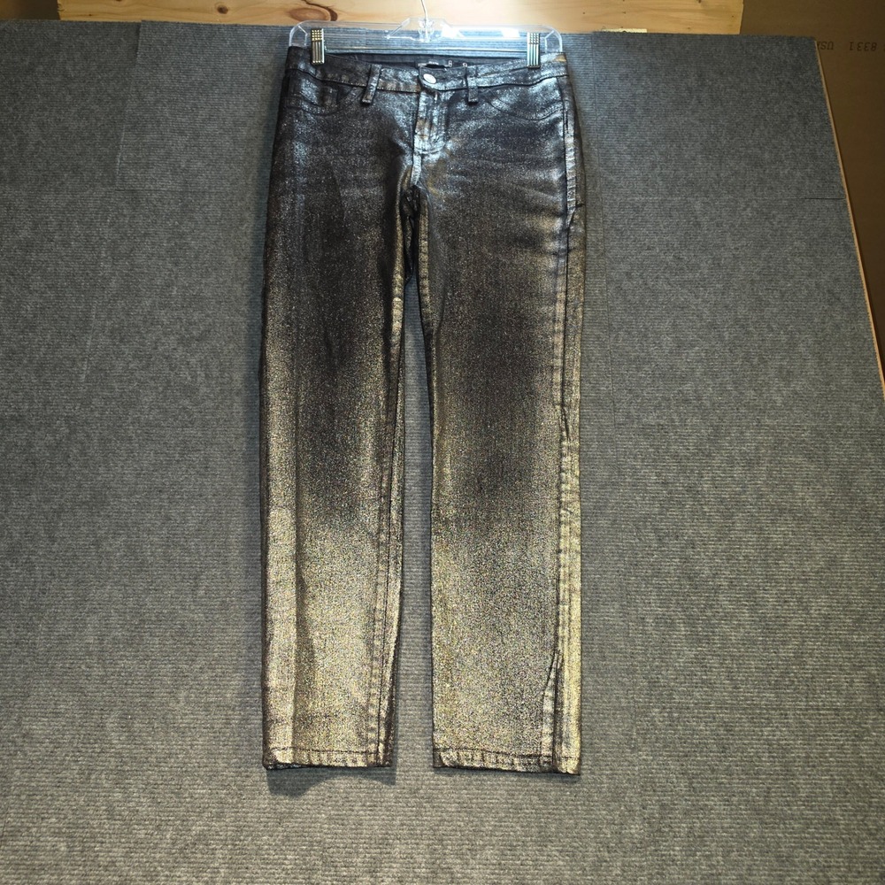 Hidden Jeans Coated Denim Pants Women 9 Silver Excellent Metallic Straight Leg